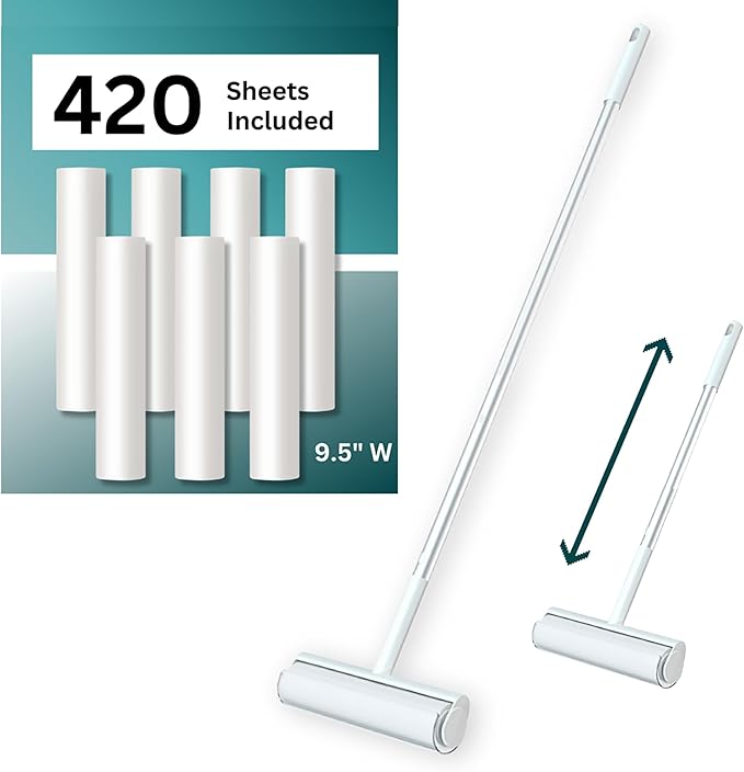 Large Lint Roller with Extra Sticky Roller and 420 Sheets 9.5" Wide, Floor Lint Roller Long Handle, Extendable to 41", Carpet, Couch, Pet Hair, Clothing Cleaning Supplies (White Roller + 7 Refills)
