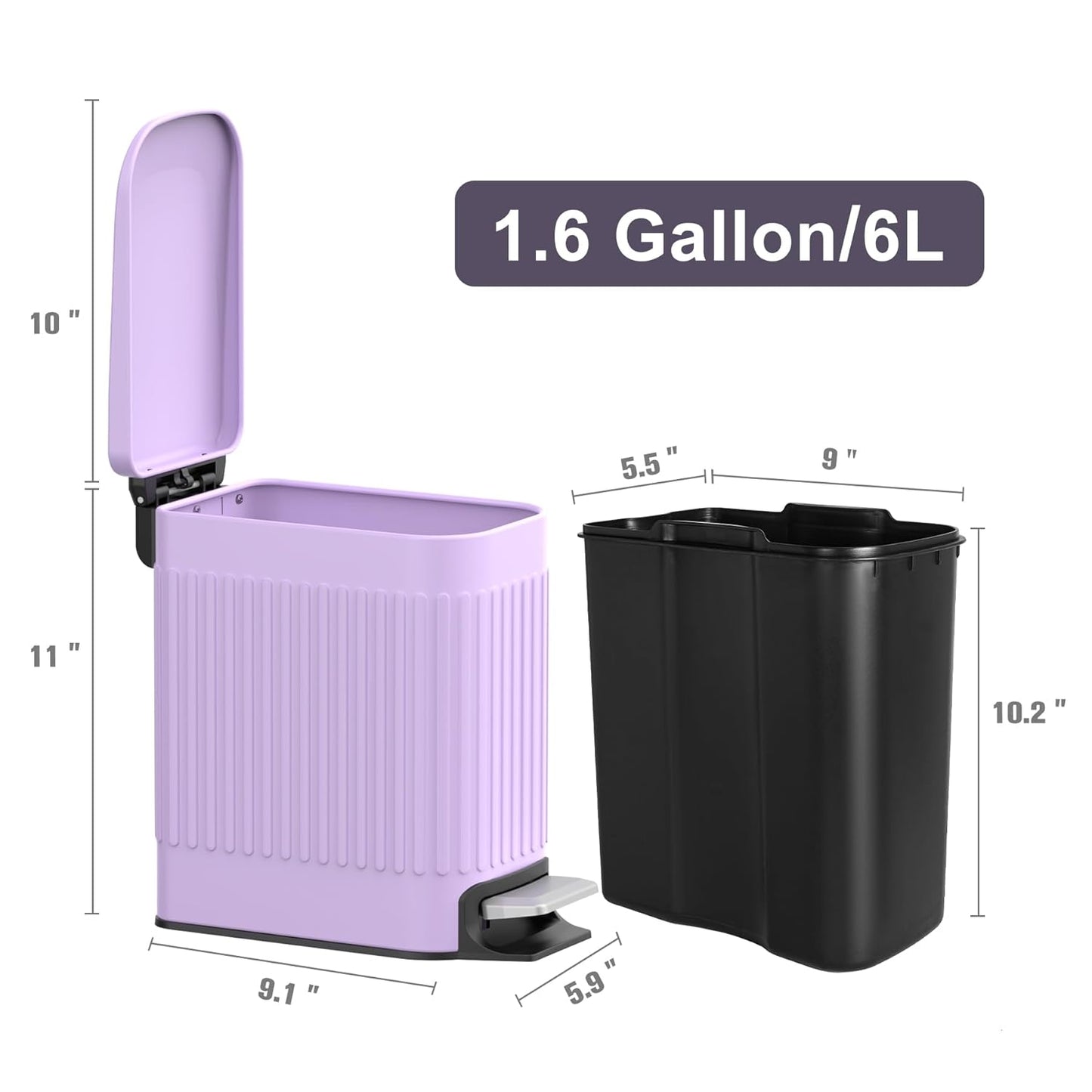 TrashAid Slim Bathroom Trash Can with Lid Soft Close, 6 Liter/1.6 Gallon Stainless Steel Small Garbage Can with Removable Inner Bucket, Step Pedal, Slim Wastebasket for Toilet, Office, Bedroom, Purple