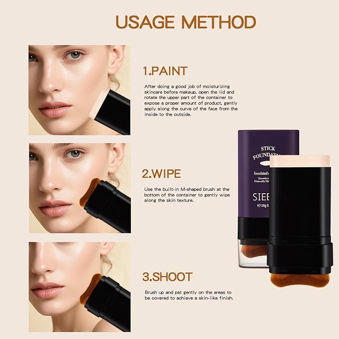 Korean Dual Ended Foundation Stick with Brush, 2 in 1 Concealer Foundation Stick & Contour Makeup, Hydrating Formula - Lightweight, Waterproof, Covers Blemishes (Ivory White)
