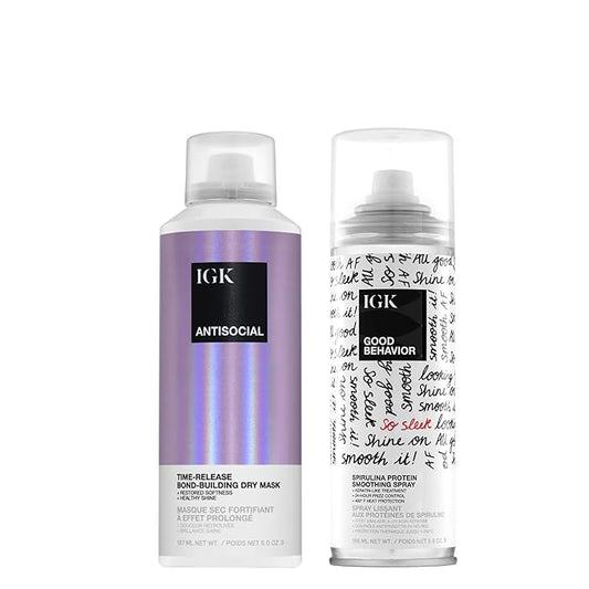 IGK Hair Treatment Set of 2 | Antisocial Mask + Good Behavior Spray | Overnight Bond-Building | Keratin Like Smoothing | Full Size Set