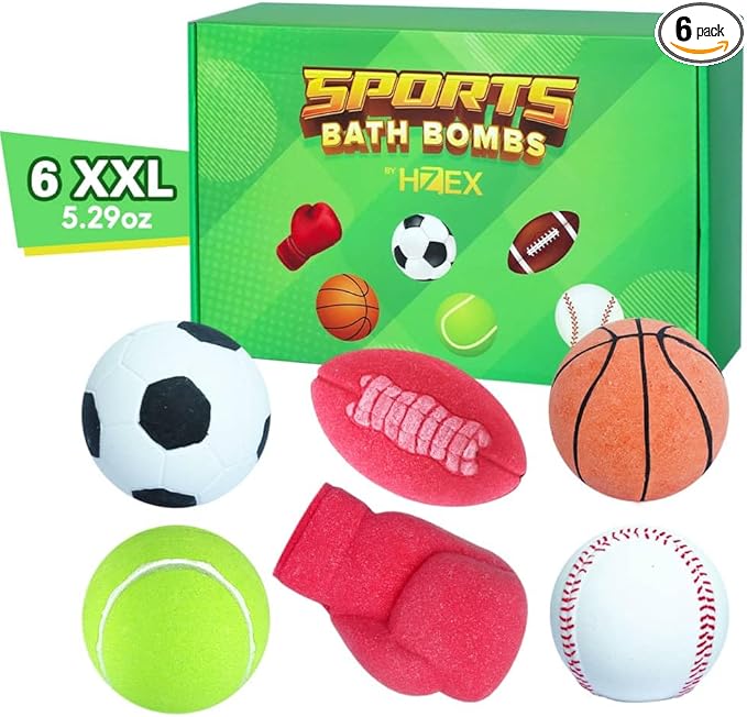Sports Themed Bath Bombs Gift Set – 6 Piece Novelty Fizzy Balls with Basketball, Tennis, Baseball, Soccer, Football & Boxing – Fun Spa Kit for Kids, Teens, Men & Women – Self Care & Relaxation