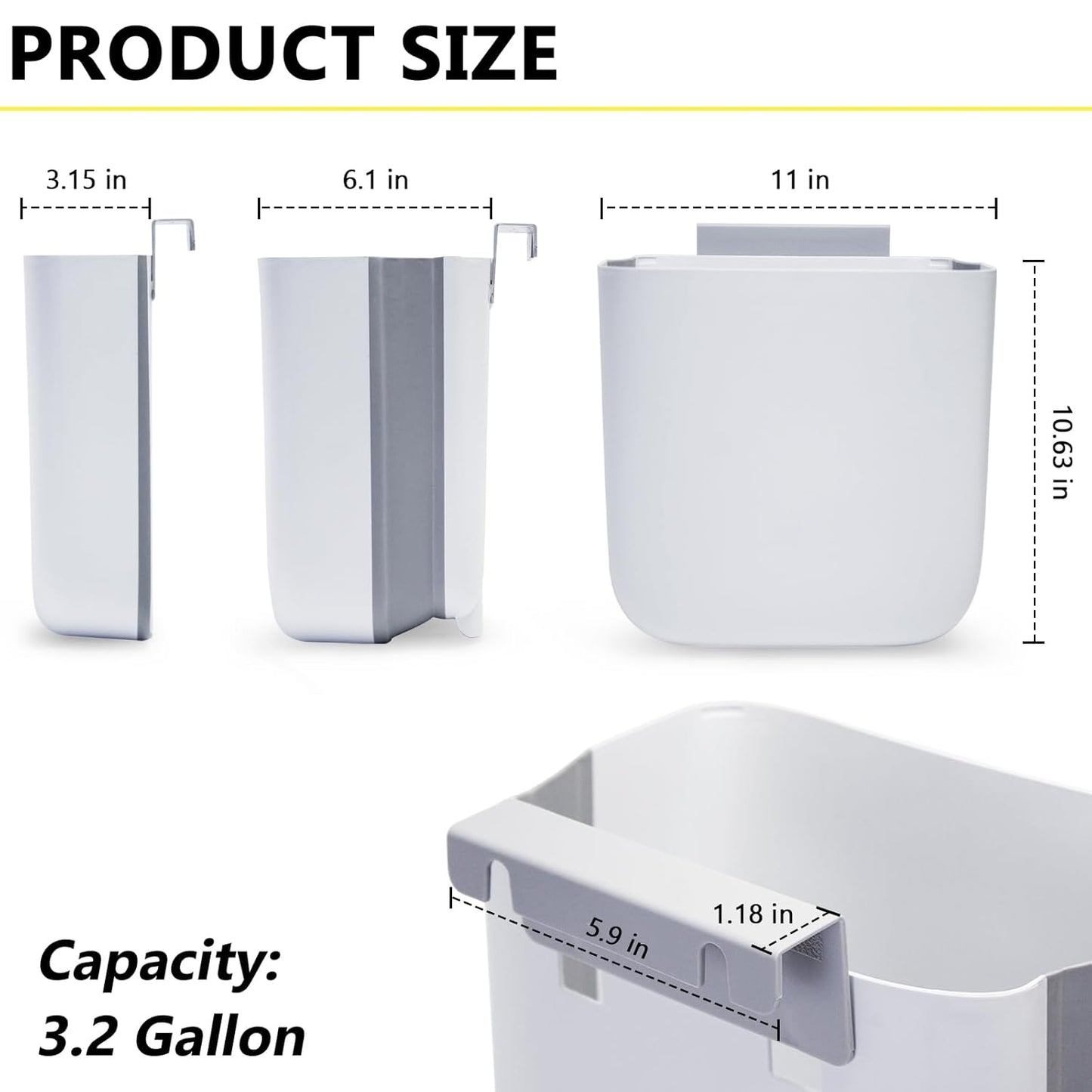 Soddeph 3.2 Gallon Foldable Hanging Trash Can for Cabinet Door,Kitchen Compost Bin,Wall-Mounted Plastic Garbage Can for Countertop or Under Sink, Bathroom and RV,No Lid (White)