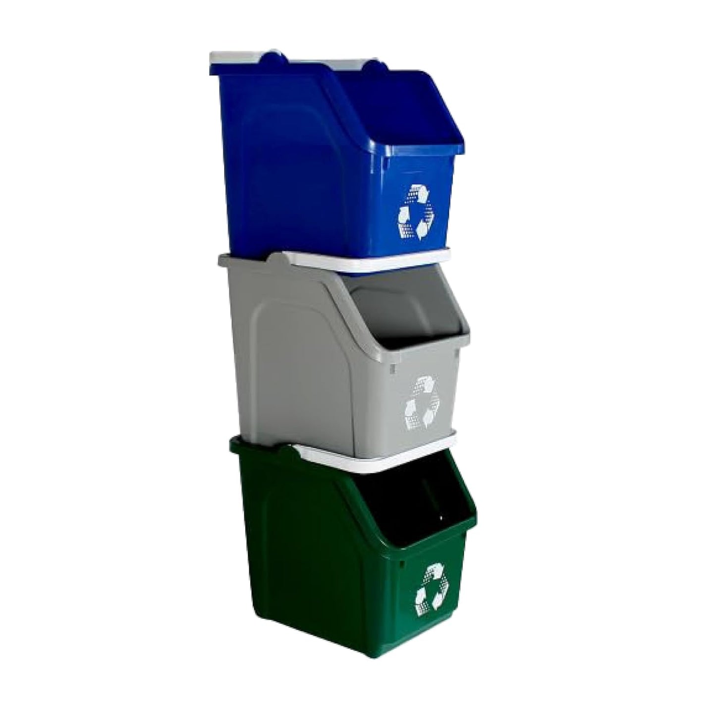 Multi Bin Recycling System with Three Stackable 6 Gallon Recycle Bins to Build Your Recycling Center for Offices, Kitchen, Garages, Businesses (3 Pack, Blue/Grey/Green)