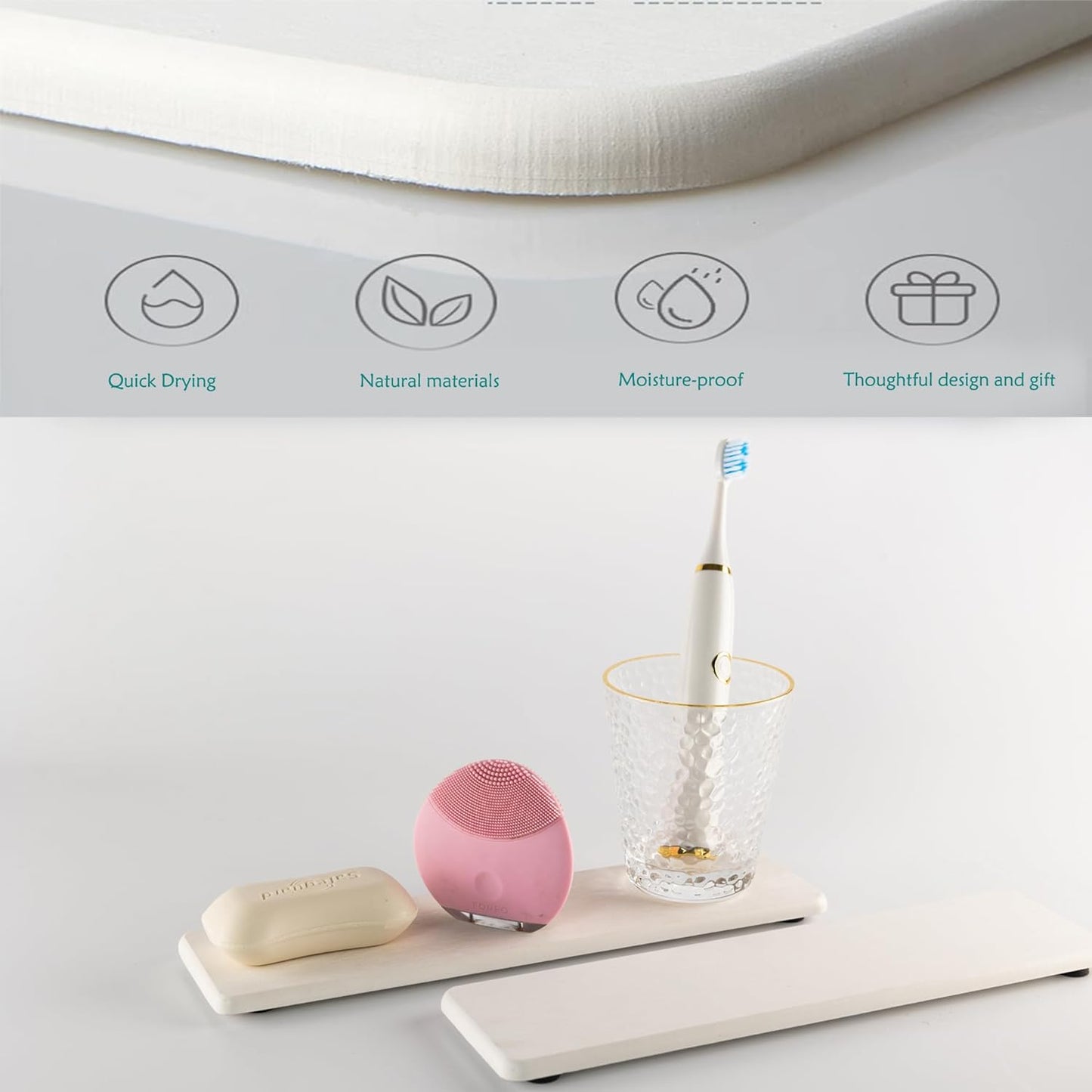 2 Pcs Water Absorbing Stone Trays, Kitchen/Bathroom Sink Soap Dish, Diatomite Tray Used for Hand Soap & Cosmetic Bottles in The Modern Home, 3.15" W x 11.8" L, White