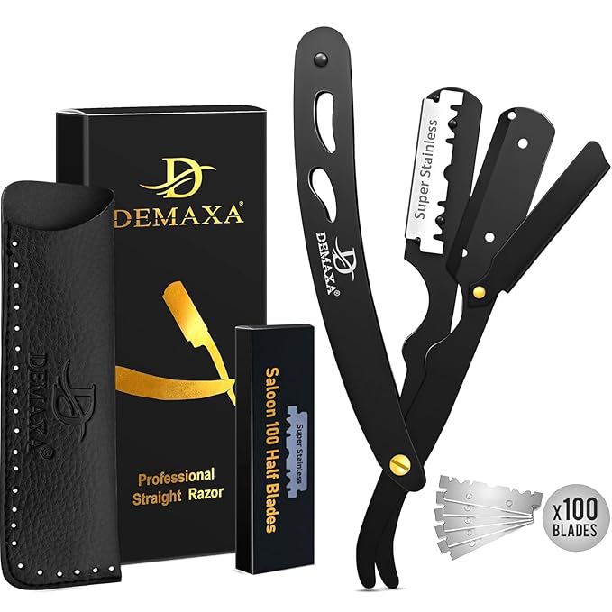 100 Straight Razor Blades with DEMAXA Shavette Straight Razors for Men - Navajas Para Barbero Professional Barber Razor Blade for Close Shaving with soft Pouch - Straight Edge Razors for men