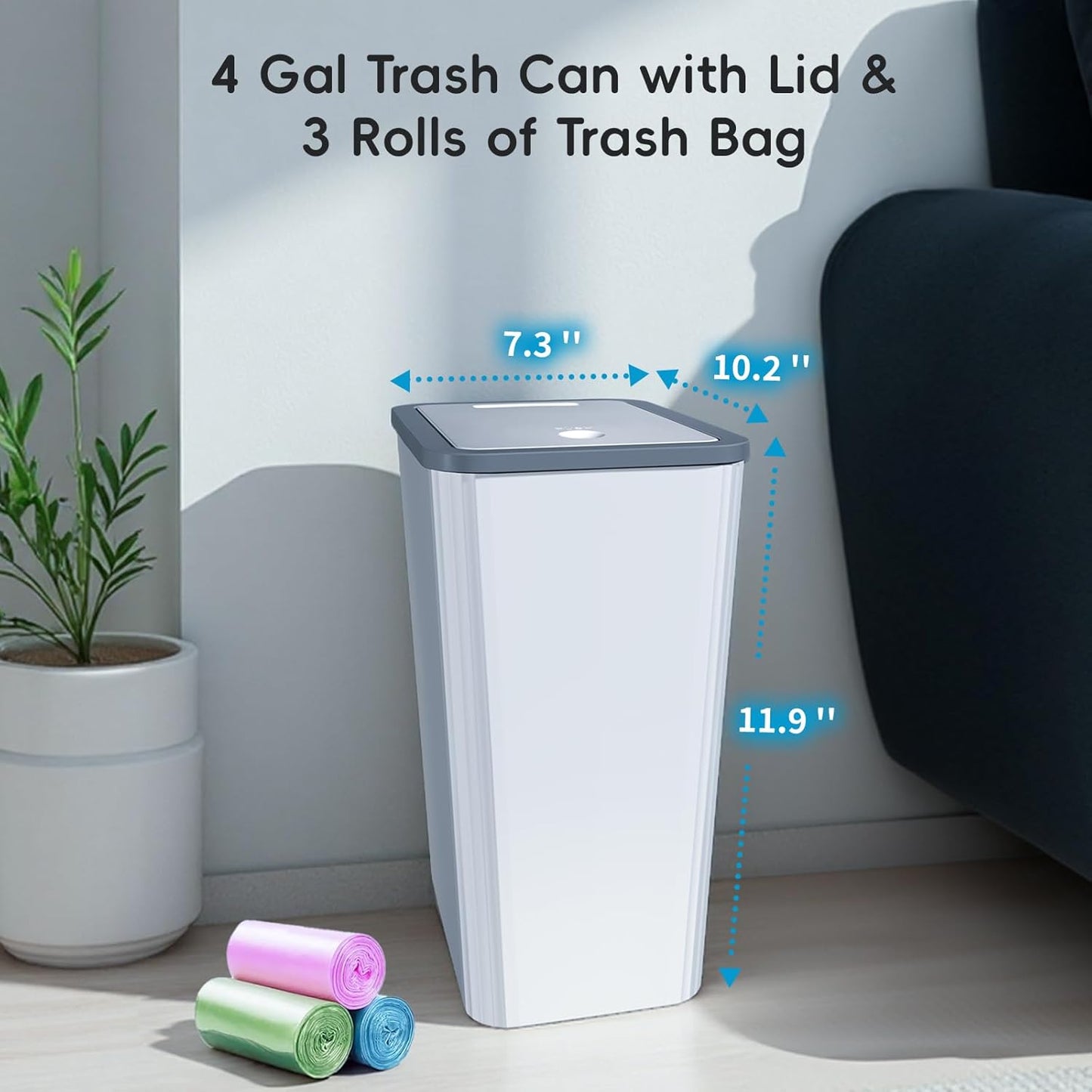 Small Trash Can, 3 Pack 4 Gallons Bathroom Garbage Can with Lid Press-Top, Small Waste Basket with Trash Bags, Slim Plastic Garbage Bin for Dorm, Office, Bedroom, Kitchen, Living Room （ Black ）