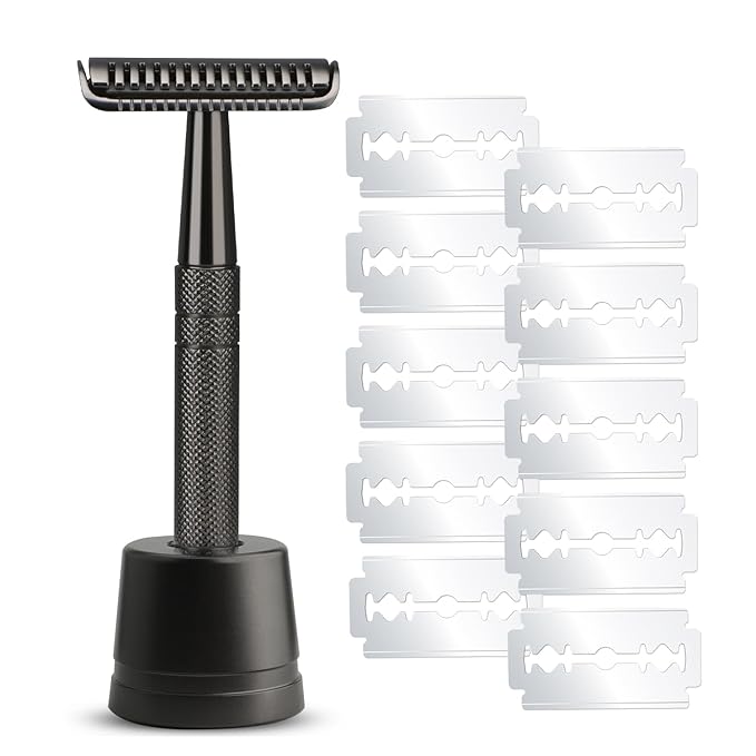 Double Edge Safety Razor with Stand, Single Blade Razors for Men and Women, with 10 Blades, Long and Heavy Duty Stainless Steel Handle, Smooth Close Shave, Black