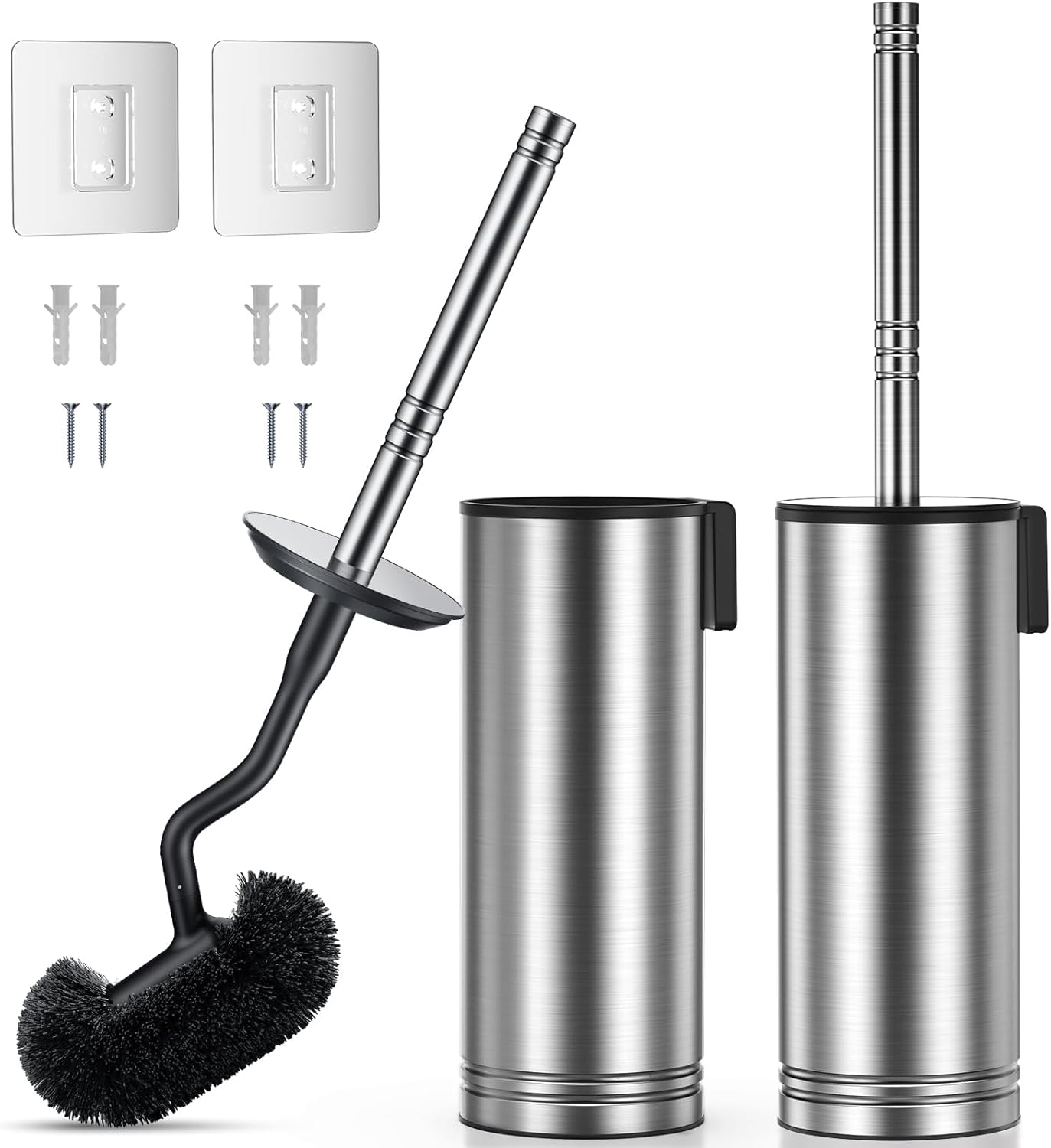 Hamitor Toilet Brush and Holder Set: 304 Stainless Steel Rustproof Toilet Scrubber with Under Rim Deep Cleaning Curved Bristle - Bathroom Cleaner Brush for Renters Homeowners Family Silver 2 Pack