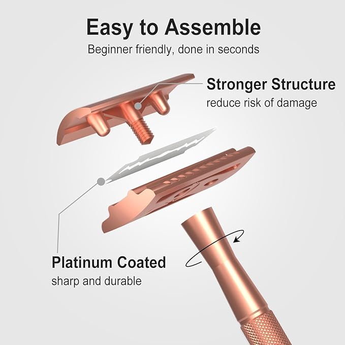 Safety Razor - Single Blade Razors for Women - Reusable Metal Razor, with 10 Double Edge Blades, Smooth Close Gentle Shave, Plastic Free, Rose Gold
