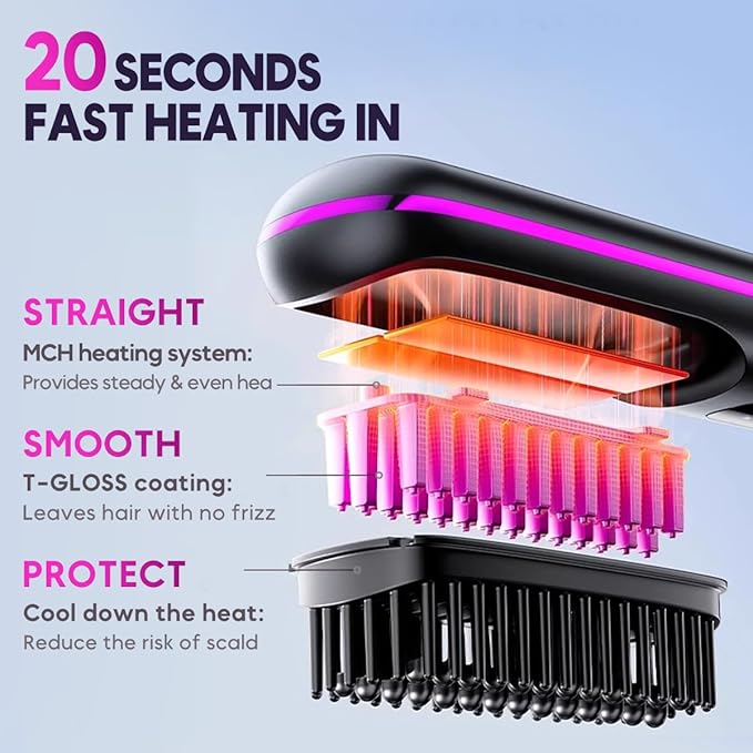 Go Brush Pro, 2025 New Go Brush Pro, Portable Straightener Brushs for Travel, with LCD Temperature Display, Fast Heating Cordless Mini Hair Brushs (Blue)