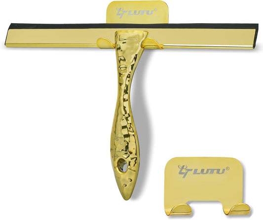 All-Purpose Silicone Shower Squeegee for Shower Glass Door,with 1 Hooks,for Bathroom Glass, Car, Tile Wall, Mirror Cleaning - Flower Shaped Handle for Easy-Grip 14 Inch Golden