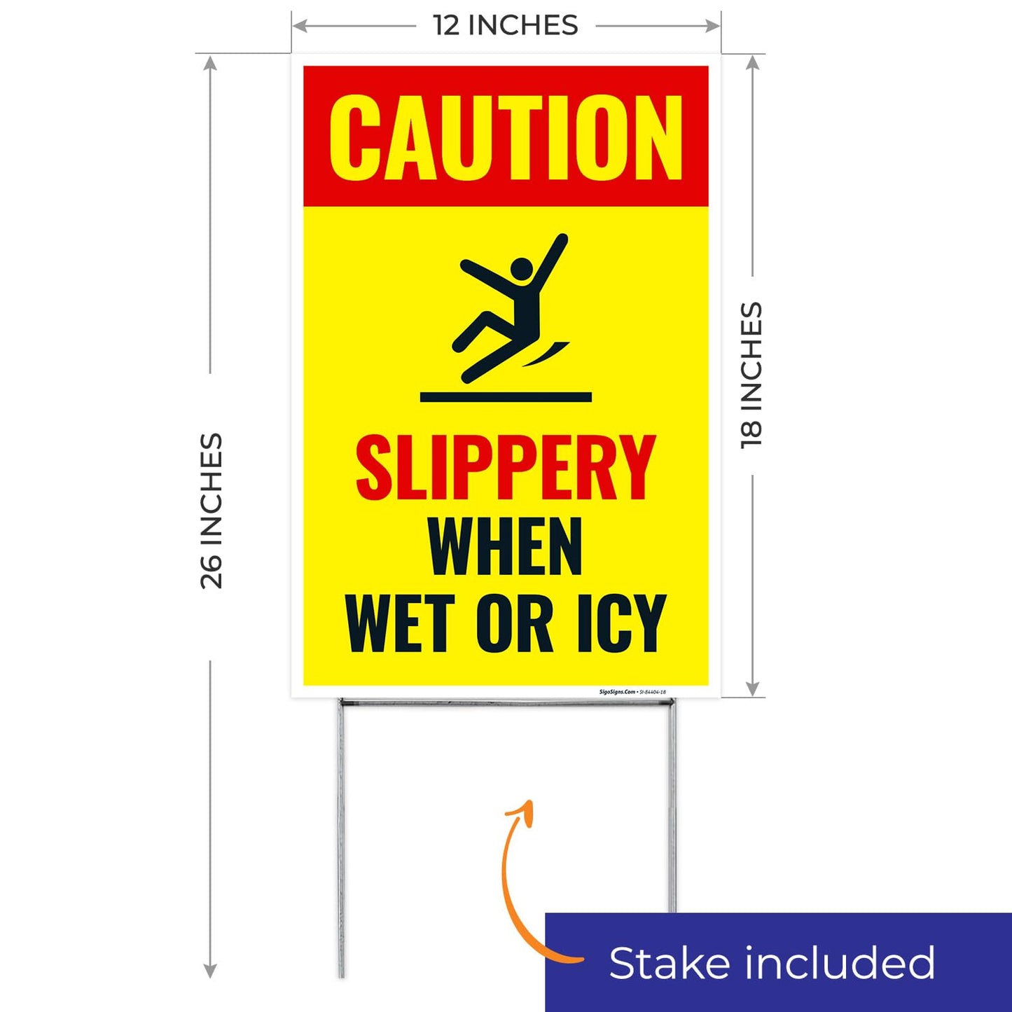 Caution Slippery When Wet or ICY Sign, (SI-84404) (2 Pack) Double Sided 12x18 Inches, Corrugated Plastic with Metal H Stake, Made in USA by Sigo Signs