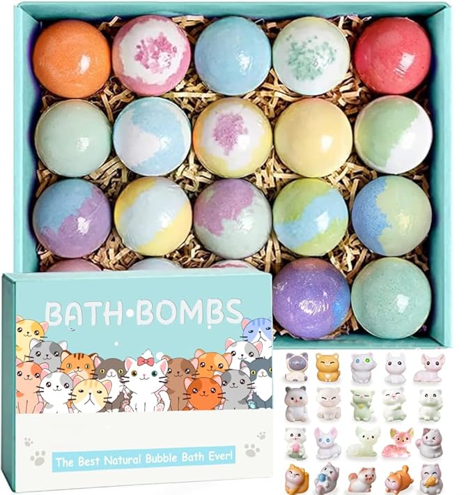 Kids Bath Bombs with Surprise Inside, 20 Pack Bring Dog and cat Toys Gift Set, Natural Organic Bubble Bath Foam Bath