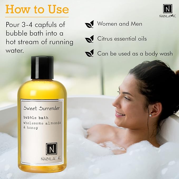 Sweet Surrender Bubble Bath with Almond & Honey Scent by Nabila K - Essential Oils with Natural Ingredients for Sensitive Skin, Tear-Free, Gentle, Moisturizing - Luxury for Women & Men, 16 oz