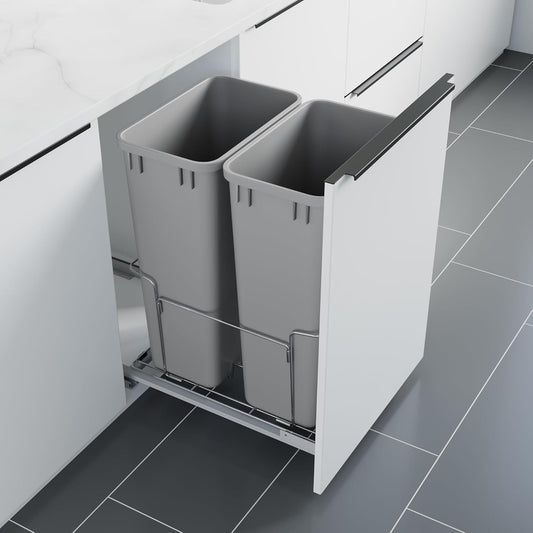 Dowell B18 Aluminum Base Wastebasket Pullout with Door Mount and Two 50Qt/13Gal Plastic Bins (4012 0218+50x2)