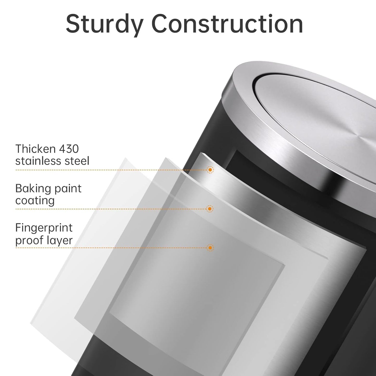 Mbillion Small Trash Can with Swing Lid 4 Gallons/15 Liter, Mini Trash Can with lid, Stainless Steel Cylindrical Garbage Can for Home and Office, for Ground and Desktop(Black)