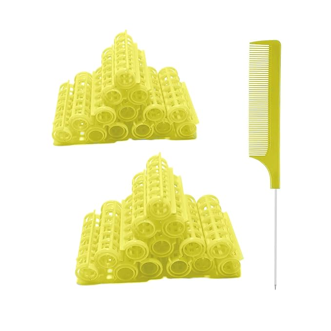 28PCS Self Grip Small Hair Rollers Set, 0.6in Plastic No Heat Roller Hair Curlers with Comb Heatless Clips for Short Fine Thin Hair(Yellow)