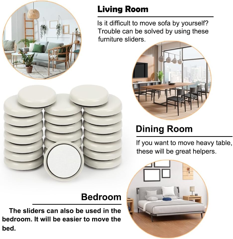 1-1/5 inches Stick Furniture Sliders, 24pcs Furniture Glides for Easy Moving on Carpet Hardwood (Beige)