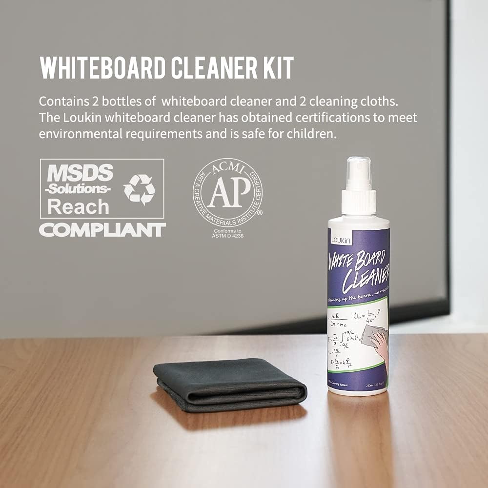 loukin Non-Toxic Whiteboard Cleaner, 8.5 fl oz Dry Erase Board Cleaner, Whiteboard Cleaning Spray with Cloths, Removes Stubborn Marks from Whiteboards (2-Pack)