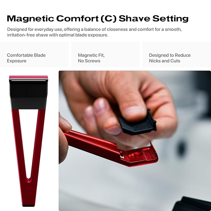 HYPE X1 Safety Razor Custom Pro Set - Magnetic Comfort (C), Sensitive (S) & Ultra-Close (UC) Shave Settings, 20 Non-Proprietary Blades - Single Blade Gentle Shaving Razors For Men and Women - Red