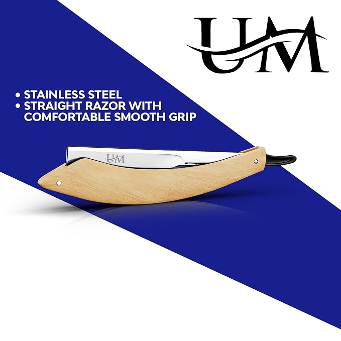 UM Supplies Straight Edge Razor with 100 Replaceable Single Edge Blades kit | Men's Straight Shaving Razors | Navajas para Barbero (Curved Wooden)