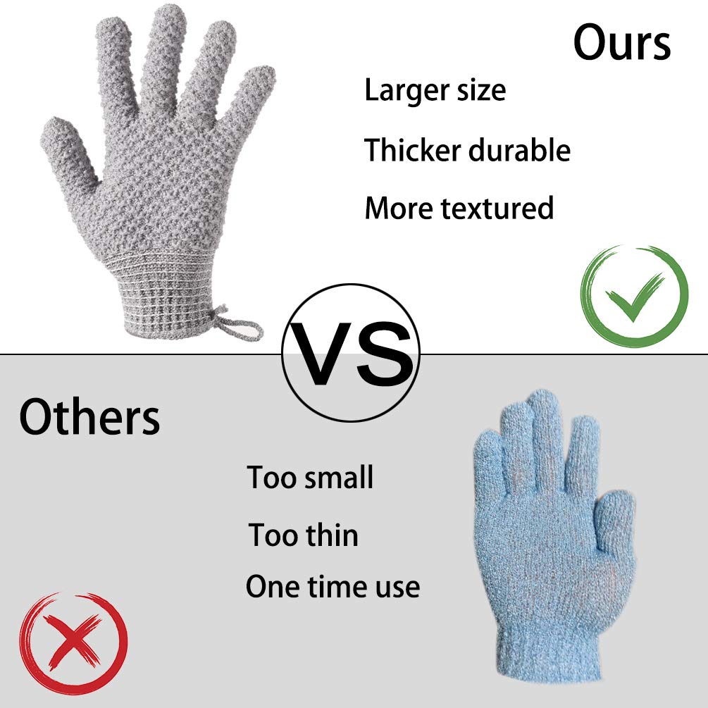 Bath Exfoliating Gloves - 4 Pcs Lengthened and Large Scrubbing Gloves for Shower, Spa, Massage - Scrub Mitts for Body, Face, Hand and Foot (Black and Gray)