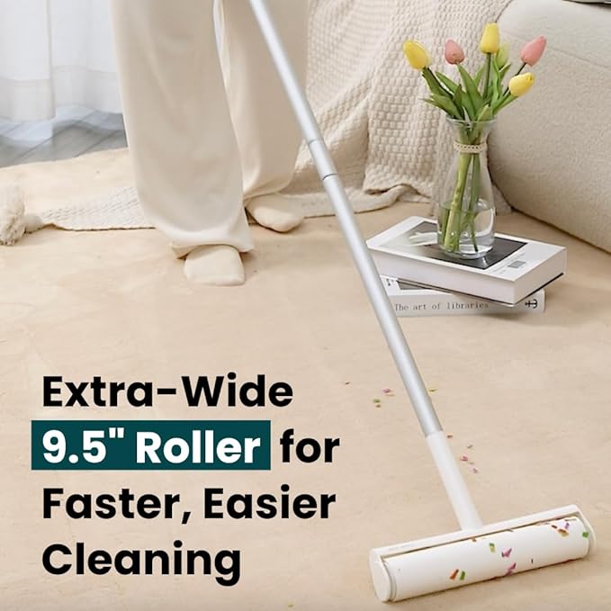 Large Lint Roller with Extra Sticky Roller and 420 Sheets 9.5" Wide, Floor Lint Roller Long Handle, Extendable to 41", Carpet, Couch, Pet Hair, Clothing Cleaning Supplies (White Roller + 7 Refills)