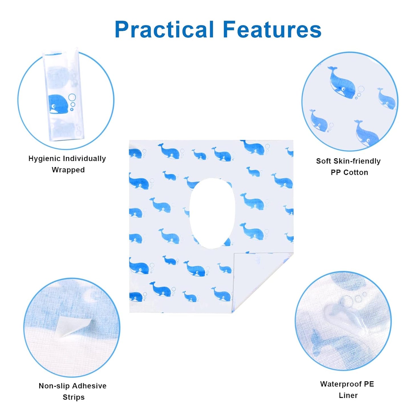 20 Pack Toilet Seat Covers Disposable, Extra Large Disposable Toilet Seat Covers for Adults, Individually Wrapped Potty Training Liners with Non-Slip Adhesives for Kids in Home, Restrooms&Travel -Blue