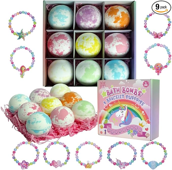 KAV Girls Bath Bombs Set of 9 — Surprise Bracelet Bath Bombs for Kids & Tweens, Fizzy Colorful Bath Fizzies with Collectible Bracelet Inside, Kid-Safe Scents & Moisturizing Oils — Party Favors & Gifts