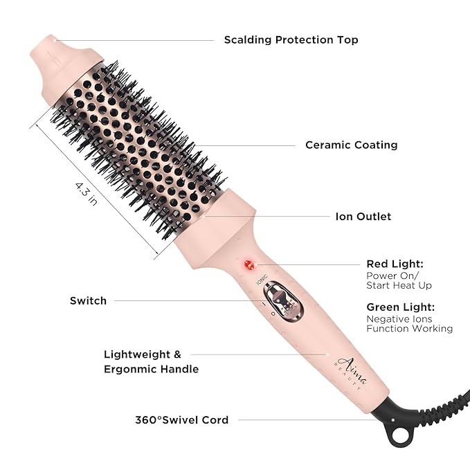 Aima Beauty Hot Brush, 1.3"/35mm Heated Curling Brush, Ion Hair Care Thermal Round Brush Makes Hair Smoother & Softer, Create Voluminous Curls Effortlessly, Dual Voltage, 60Mins Auto-Off, Pink