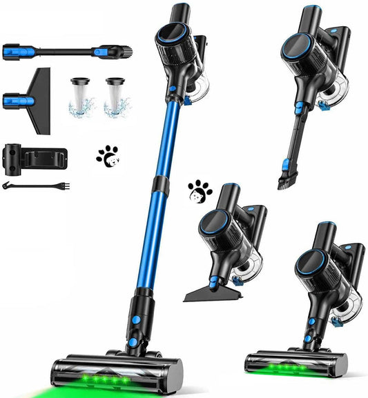 Cordless Vacuum Cleaner, 8-in-1 Vacuum Cleaners for Home, 45Mins Runtime, Anti-Tangle Stick Vacuum with LED Display, Rechargeable Lightweight Vacuum for Pet Hair/Carpet/Floor (Blue)
