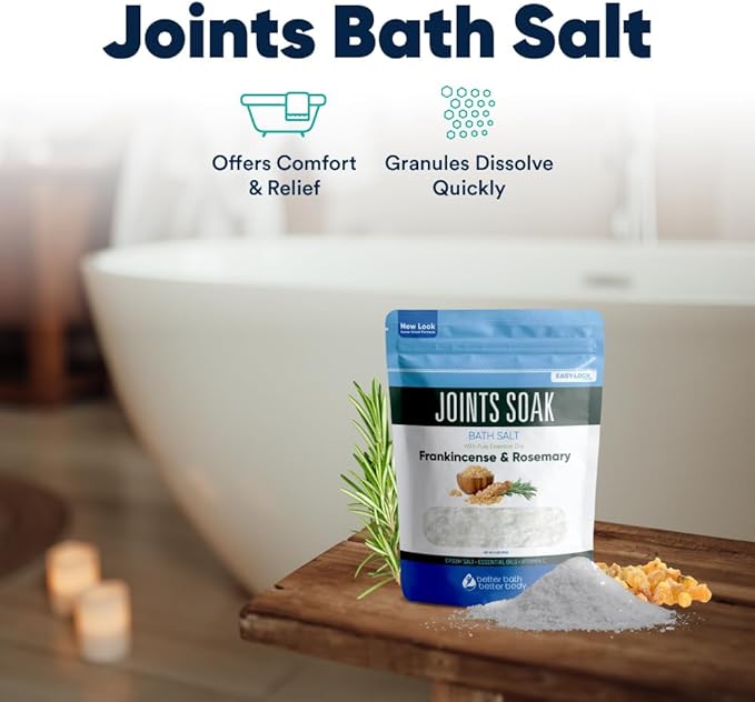 Joints Soak Bath Salt 32 Ounces Epsom Salt with Natural Rosemary, Frankincense and Peppermint Essential Oils Plus Vitamin C in BPA Free Pouch with Easy Press-Lock Seal