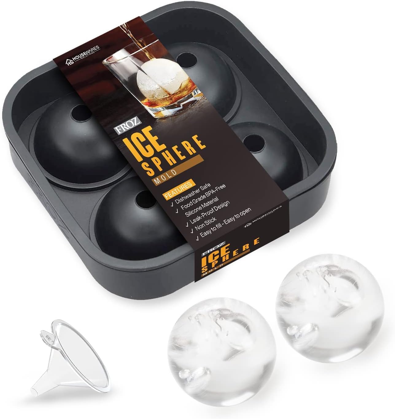 Housewares Solutions Froz Ice Ball Maker – Novelty Food-Grade Silicone Ice Mold Tray With 4 X 4.5cm Ball Capacity