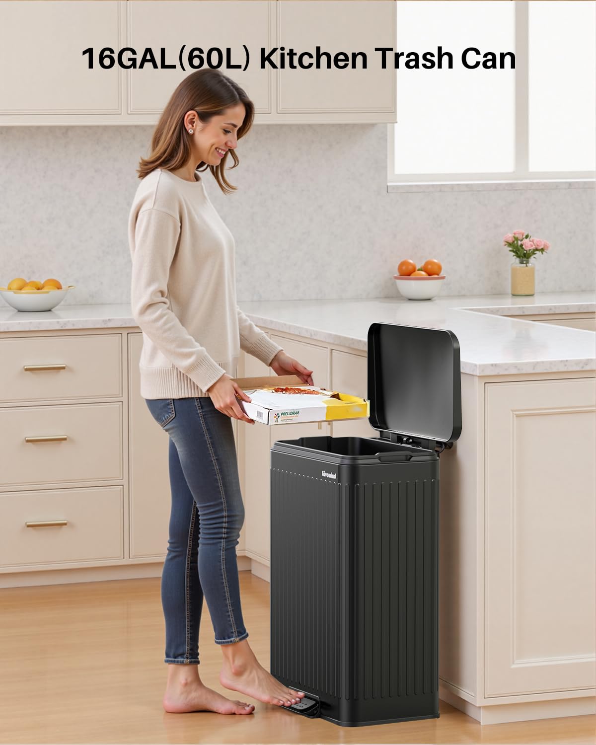 Lovewind 60 Liter/ 16 Gallon Stainless Steel Trash Can with Soft-Close Lid, Large Footstep Garbage Can with Roman Texture, Removable Inner Buckets, Recycling Bin for Kitchen Office, Black