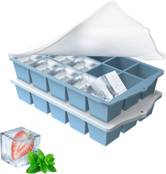 Silicone Ice Cube Tray, 2 Pack Easy-Release Stackable Ice Trays for Freezer with Lid 15 Reusable Cubes, Food Grade BPA Free Ice Molds for Whiskey, Baby Food, Coffee, Cocktail, Drinks (Blue)