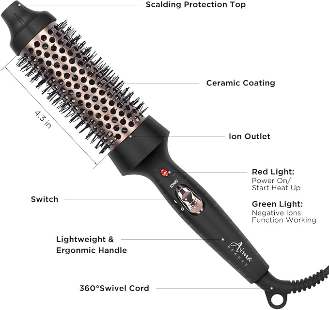 Aima Beauty Hair Curling Iron, 1.5"40mm Hot Round Brush, Create Smooth & Shiny Loose Curls, Fast Heating Thermal Brush, Dual Voltage, 60Mins Auto Shut Off, Black