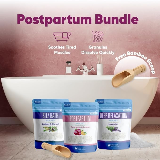 Postpartum Bath Bundle (3 Pack of 2 Lbs Total 6 Lbs with Scoop) Soothing Soaks with Sitz Salt and Deep Relaxation Bath Salt with Natural Pure Essential Oils in BPA Free Pouch Made in USA