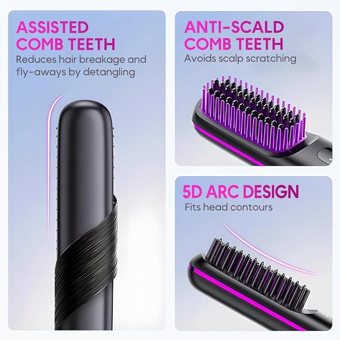 Go Brush Pro, 2025 New Go Brush Pro, Portable Straightener Brushs for Travel, with LCD Temperature Display, Fast Heating Cordless Mini Hair Brushs (Purple)