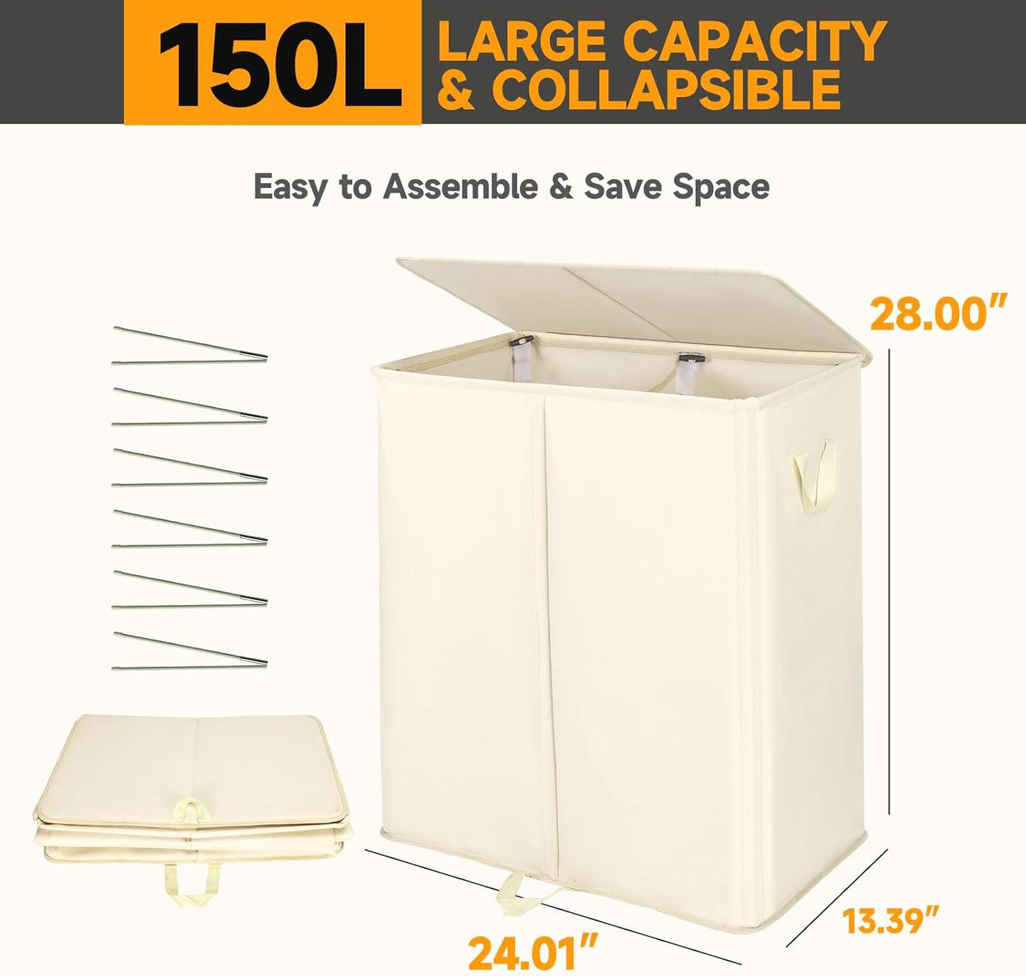 150L Double Laundry Hamper with Lid and Removable Bags,28in Tall Laundry Basket 2 Section,Large Dirty Clothes Hamper 2 Dividers for Bedroom,Laundry Room,Bathroom,Dorm Beige