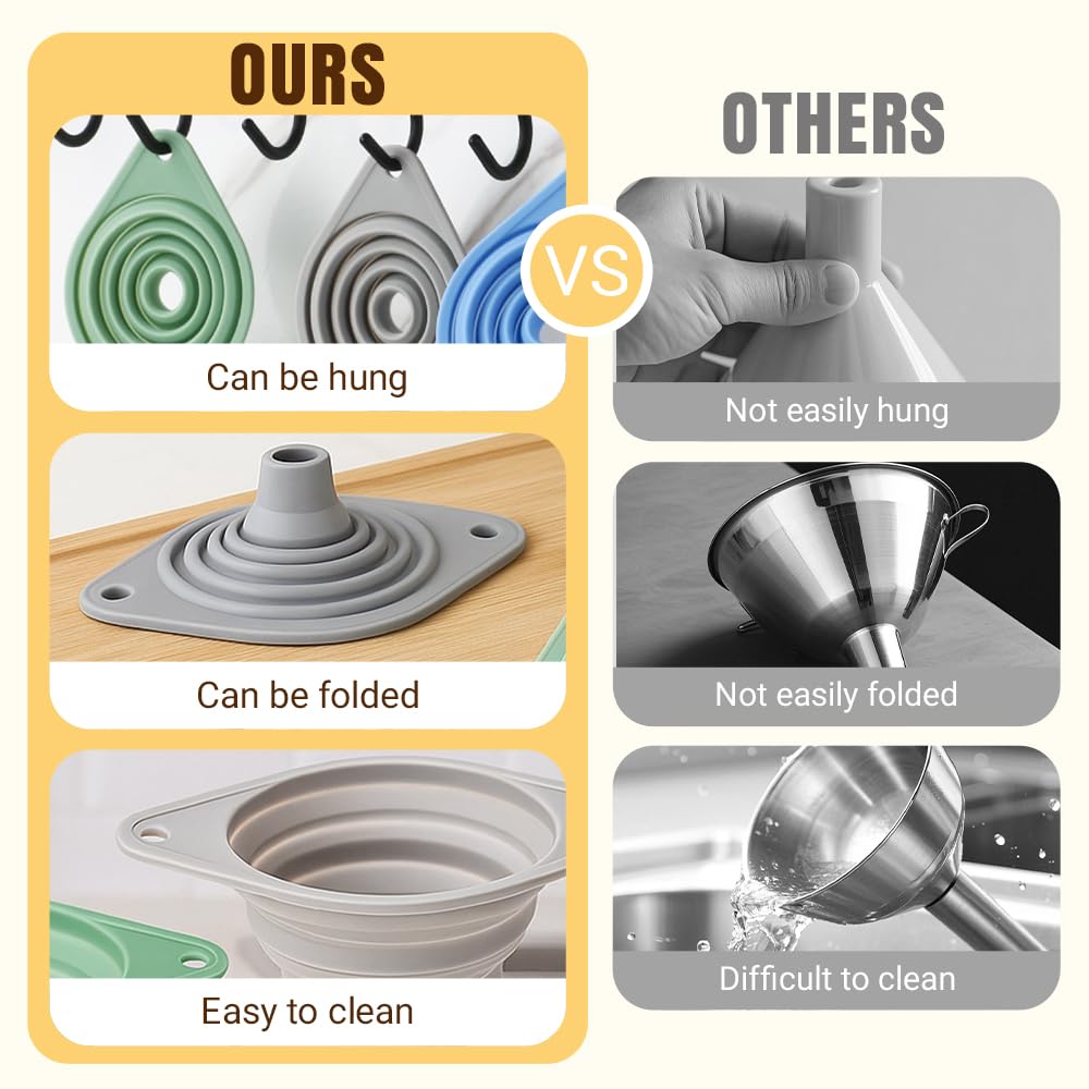 Kitchen Funnel Set, Wide-Mouth Foldable and Telescopic Design, Liquid Separation Funnel, Silicone (3 pcs)