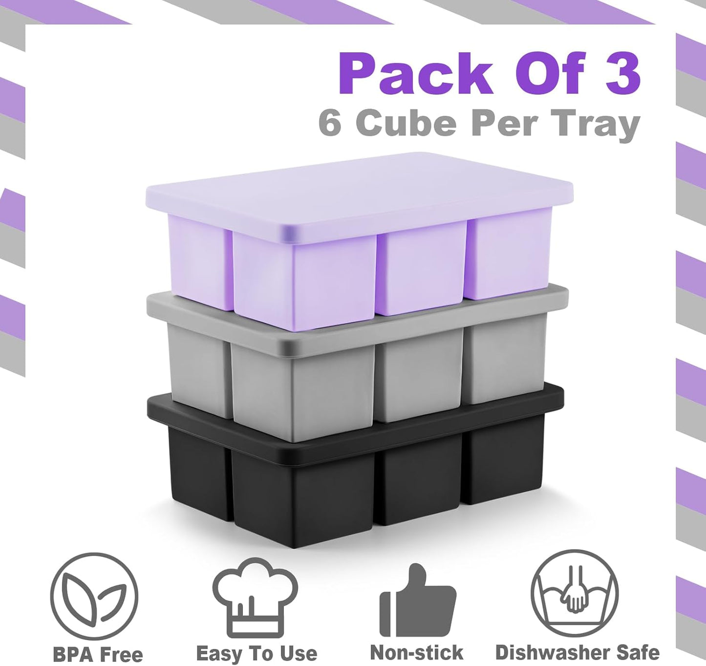 Nax Caki 3 Pack Silicone Large Ice Cube Tray with Lid, Stackable Big Silicone Square Ice Cube Mold for Whiskey Cocktails Bourbon Soups Frozen Treats, BPA Free-3 Color