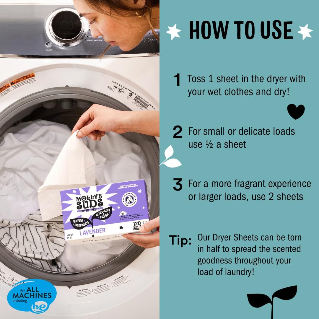 Molly's Suds Fabric Softener Dryer Sheets for Sensitive Skin | Plant-Based Static Reducer, Plastic-Free Packaging | Unscented (120 Sheets)
