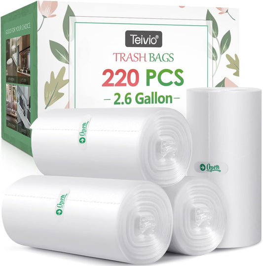 2.6 Gallon 220 Counts Strong Trash Bags Garbage Bags by Teivio, Bathroom Trash Can Bin Liners, Small Plastic Bags for home office kitchen,fit 10 Liter, 2,2.5,3 Gal, Clear