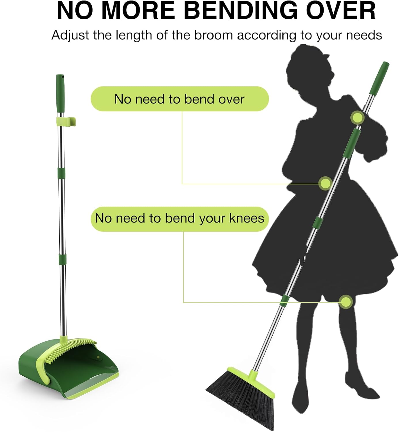 Broom and Dustpan Set, 52-in Long Adjustable Handle Broom Dustpan Combo with Dust pan Teeth to Automatically Clean Hair Suitable for Home Kitchen Office Hall Floor（Green）