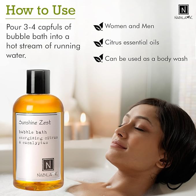 Sunshine Zest Travel Size Bubble Bath with Citrus & Eucalyptus Scent by Nabila K - Essential Oils, Natural Ingredients for Sensitive Skin, Gentle, Moisturizing - Luxury for Women & Men, 2 oz