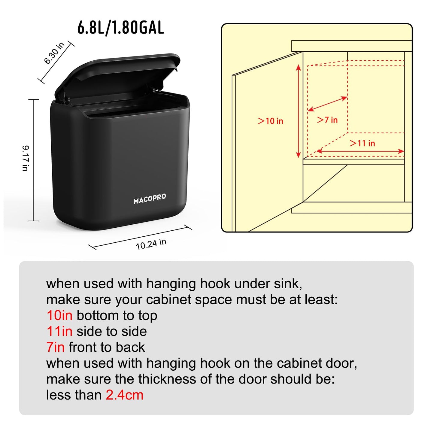 Compost Bin Hanging Trash Can with Lid Under Sink for Kitchen, Food Waste Bin for Countertop with Lid, Mountable Garbage Can for Bathroom, RV, 8L/2.6Gal