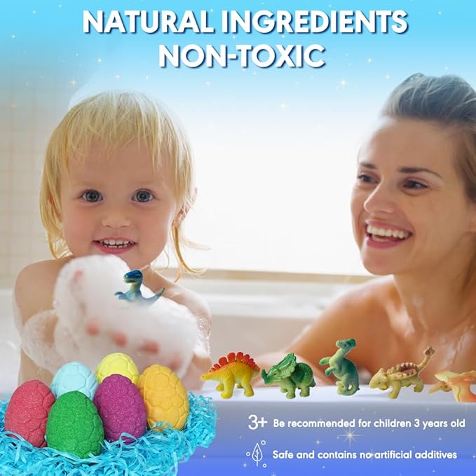 KAV Dinosaur Egg Bath Bombs for Kids – 6pc Fizzy Dino Bath Bomb Gift Set with Surprise Toy Inside – Fun Fizzy Bath Bombs for Boys & Girls, Birthday Gift, Stocking Stuffer, Kids Spa Set