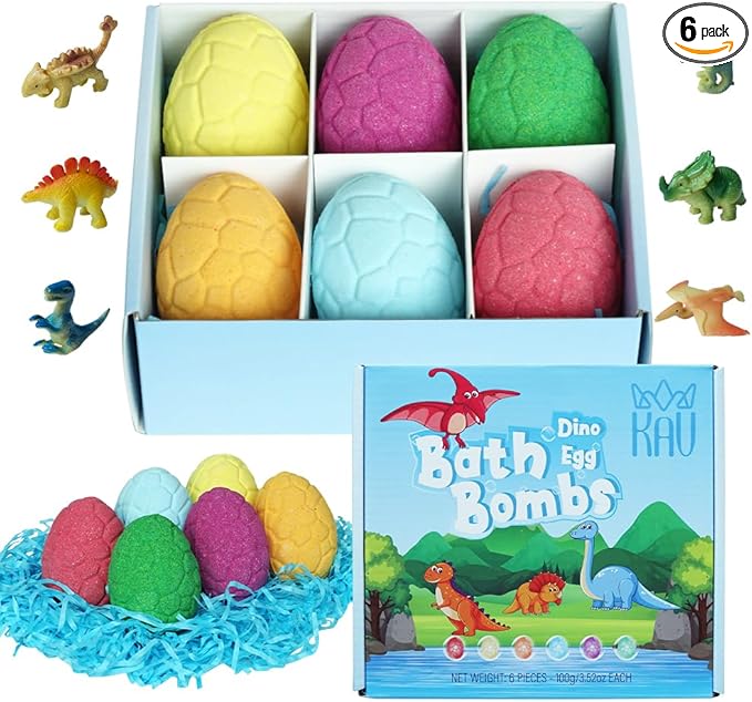 KAV Dinosaur Egg Bath Bombs for Kids – 6pc Fizzy Dino Bath Bomb Gift Set with Surprise Toy Inside – Fun Fizzy Bath Bombs for Boys & Girls, Birthday Gift, Stocking Stuffer, Kids Spa Set
