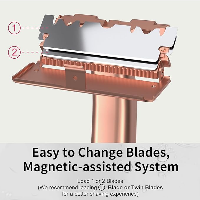 Razors for Women - Dual-Blade Safety Razor with Pivoting Head - Reusable Metal Shaving Razor, with 10 Double Edge Blades, Smooth Close Shave, Rose Glod