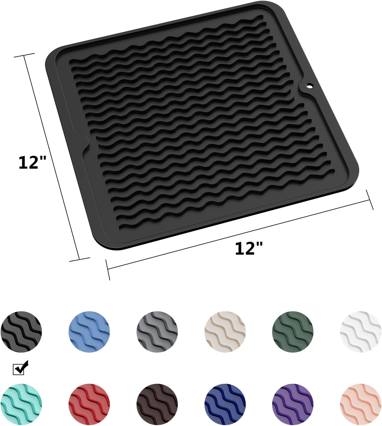 ZLR Silicone Dish Drying Mat for Kitchen Counter, Eco-Friendly Fast Dry Dish Mat, Easy Clean Multi Usage Drying Matt, Heat Resistant Trivet, 12" x 12" Middle, Black